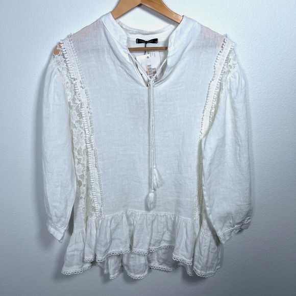 Lungo Larno Womens Linen Top Sz M Boho Casual Lace Ruffle Tassel White Fairy - Picture 1 of 14